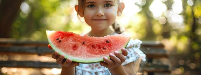 Wall Mural - little girl eats watermelon. Selective focus