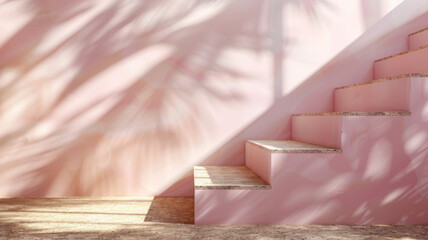 Wall Mural - Stairs with sunlight and shadows on a pink wall