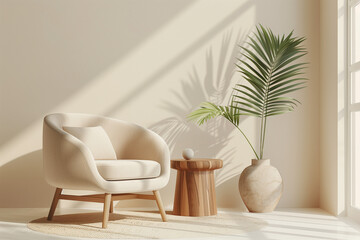 Canvas Print - Warm neutral interior wall mockup in soft minimalist living room with rounded beige armchair wooden side table and palm leaf in vase. Illustration 3d rendering.