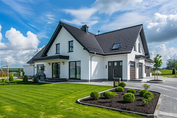 White family house with black pitched roof tiles and beautiful front yard with green lawn and paved road.