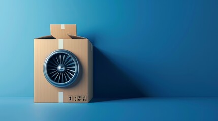 Sticker - A 3D illustration of a cargo box with an airplane engine against a blue background, emphasizing fast delivery