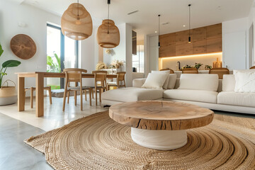 Wall Mural - Wooden dining table on woven rug. Beige sofa in classic home interior design of modern living room.