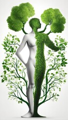 Human development and growth of personality and character in development as a medical icon of health as a tree with branches and green leaves in the shape of a persons anatomical body on white.s
