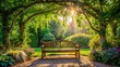 © surapong - A peaceful garden bench nestled under a canopy of trees, offering a shady spot to enjoy the gentle breeze and warm sunlight