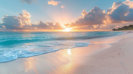 Wall Mural - Idyllic Ocean Sunrise with Golden Sunlight Reflecting on Gentle Waves and Pristine Beach under a Beautiful Cloud-Dotted Sky