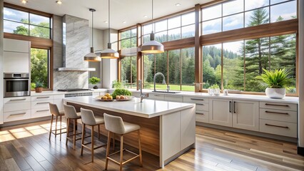 Wall Mural - Modern kitchen with large windows, white countertops, and plenty of natural light