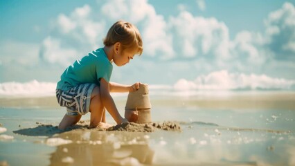 Canvas Print - A young child happily playing in the sand, constructing a sandcastle on the beach, A child building a sandcastle at the beach