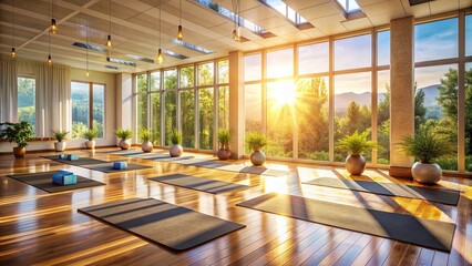 Wall Mural - A yoga studio flooded with morning sunlight, creating a peaceful ambiance