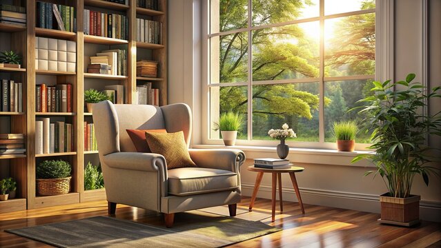 A cozy reading corner bathed in warm natural light, with a comfortable armchair and a stack of books nearby