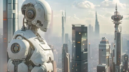 Wall Mural - A robot standing in front of a city skyline, showcasing the blend of advanced technology and urban landscape, A cityscape dominated by advanced robotics and automation