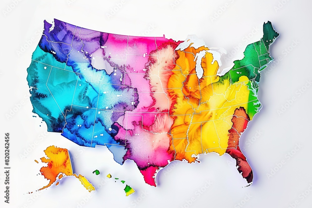 A colorful map of the United States with each state outlined in ...