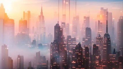 Wall Mural - Cityscape with towering skyscrapers shrouded in thick fog, creating a mysterious atmosphere, A cityscape dominated by artificial intelligence and algorithms