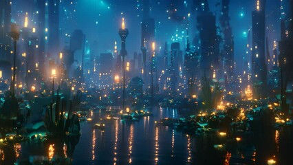 Wall Mural - A painting of a futuristic city illuminated by bioluminescent plants at night, A cityscape filled with bioluminescent plants and animals