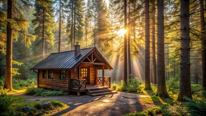 Wall Mural - A cozy cabin nestled in the woods, illuminated by morning sunlight