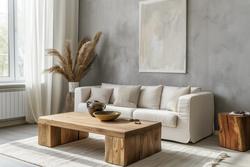 Wall Mural - Wooden square coffee table near white sofa in room with grey wall with art poster. Minimalist elegant home interior design of modern living room.