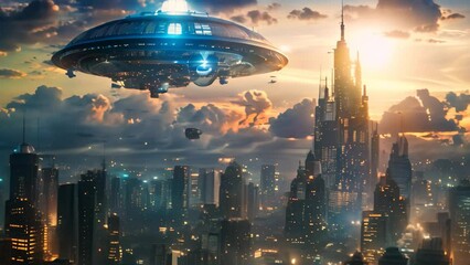 Wall Mural - A futuristic cityscape with a flying saucer hovering in the sky, showcasing futuristic technology and urban development, A cityscape transformed by genetic engineering and biotechnology