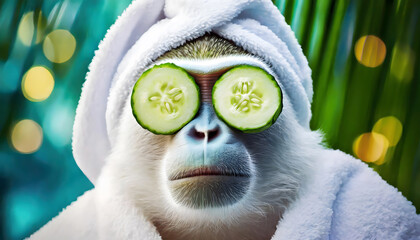 ape, spa, cucumber, animal, pet, new, close up, wellness, beauty, towel, closeup, face, mask, skin, towels, photo, macro, with, on, plants, eye, person, looking, green, white, color, ad, care, on, in,