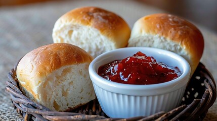   Basket with two loaves of bread and a bowl of ketchup on a table