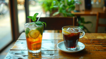 Wall Mural - Cold beverages for a refreshing treat: iced tea with minty freshness and zesty lemon, alongside a chilled cup of coffee.