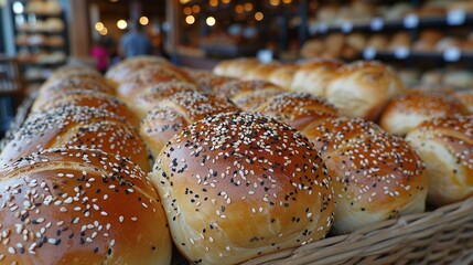 Wall Mural -   Close-up of a basket of bagels, top and bottom covered in sesame seeds