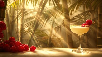 Wall Mural -   Close-up of a drink on a table with raspberries in the foreground and palm trees in the backdrop