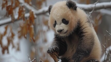 Wall Mural - Group of cute baby pandas smiling and relaxing on a branch, adorable cubs hanging out together