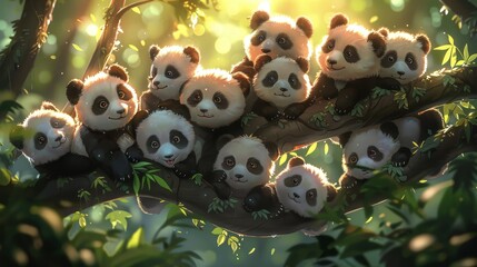 Wall Mural - Charming baby pandas on branch, smiling and looking cute in delightful group scene