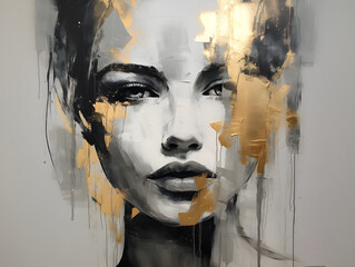 Abstract black and gold portrait of a beautiful woman on a gray background. Gold accents, modern art