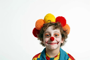 Wall Mural - A jubilant boy in a clown costume, standing alone against a white background, devoid of surroundings. Concept of joy and playfulness. Generative Ai.