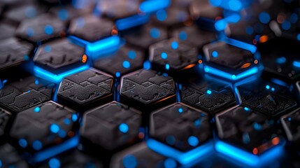 A close up of blue hexagons with blue lights.