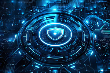 Wall Mural - Futuristic blue cyber security concept with a shield symbol centered on a digital interface. AI