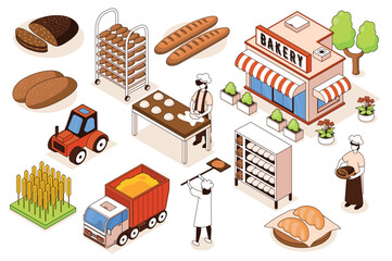 Aufkleber - Bakery 3d isometric mega set. Collection flat isometry elements and people of bakehouse shop building, bakers making breads, pastry process, wheat truck, agricultural machinery. Vector illustration.