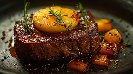 Wall Mural - a steak with a potato and herbs on a plate.