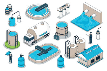 Aufkleber - Water purification 3d isometric mega set. Collection flat isometry elements and people of wastewater cleaning plant, filtration pool, tank reservoir, pump station, transportation. Vector illustration.