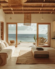 Wall Mural - A beach house with a view of the ocean. The living room is decorated with white furniture and a brown rug. The windows are open, letting in the fresh ocean breeze