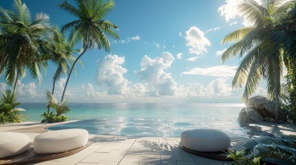 Wall Mural - A beautiful beach scene with palm trees and a clear blue ocean. Scene is calm and relaxing