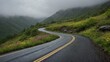 © Tamazina - Winding road meanders through verdant landscape, enveloped by misty sky. Roads yellow lines contrast vividly against dark asphalt, guiding travelers through tranquil, foggy mountainscape.