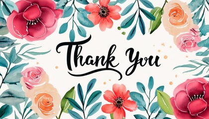 Thank You Message - Hand Lettering of Thankful Card or Gift Card for Print - Social Post for Appreciation - Watercolored Leaves and Flowers
