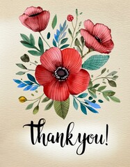 Wall Mural - Thank You Message - Hand Lettering of Thankful Card or Gift Card for Print - Social Post for Appreciation - Watercolored Leaves and Flowers