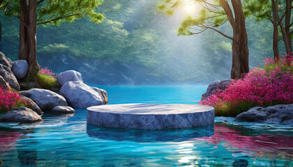 Wall Mural - 3D render of abstract blue beauty podium with water background, ideal for cosmetic product presentations