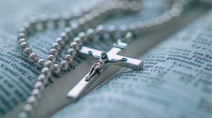 Christian wooden crucifix on open bible, point focus. Religious concept image, black and white image