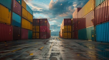 Canvas Print - Stacked cargo containers in a warehouse are prepared for temporary storage, loading, unloading, and sorting at a container point, exemplifying cargo transportation logistics
