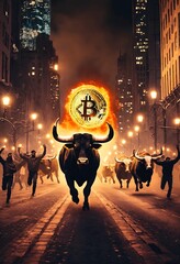 Wall Mural - Bitcoin BTC bull market is coming. Bull Market Wall Street Financial Concept