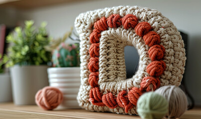 Knitted colored letter D on an abstract background.