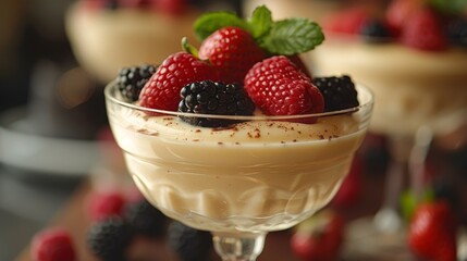 Poster - summer dessert ideas, refreshing coconut milk pudding topped with fresh berries, a delicious sweet dessert ideal on a hot summer day