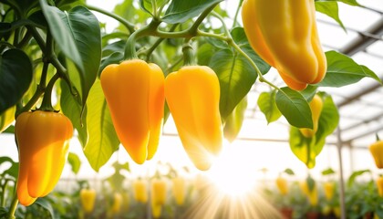 Wall Mural - yellow bell peppers growing inside a greenhouse , AI