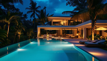 Wall Mural - A luxurious modern villa with an infinity pool, surrounded by tropical landscaping and illuminated