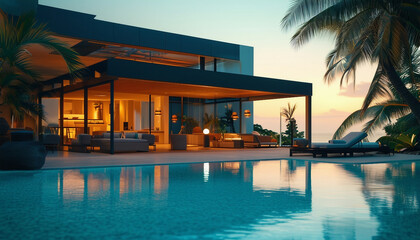 Wall Mural - A modern beach villa with open-air design, vibrant outdoor furniture, and palm trees swaying 