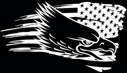 Wall Mural - Bald eagle head in white line on black background