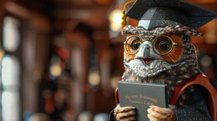 Award Winning National Geographic Minimal style, 3D owl in graduation cap and glasses, holding a diploma, standing with wisdom, plain soft grey background, left in frame This schol